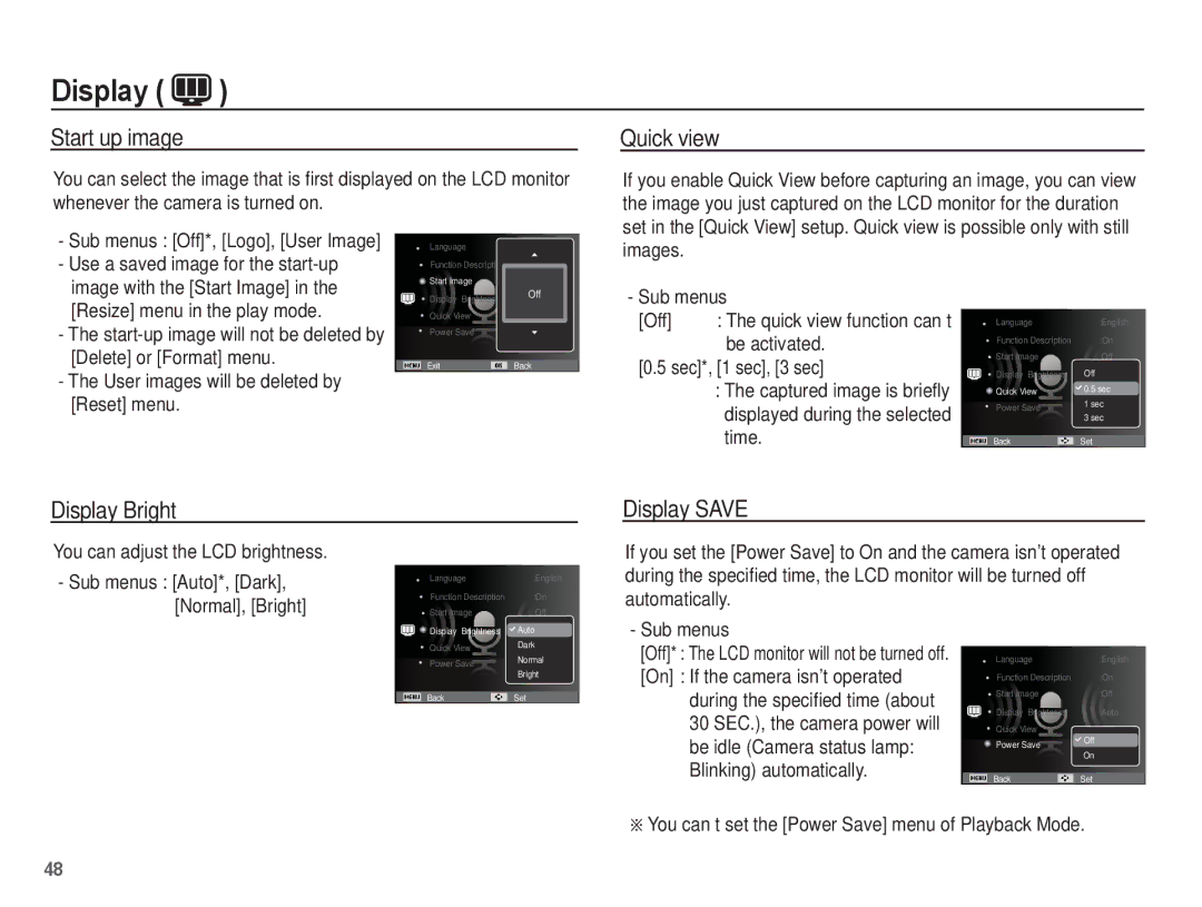 Samsung SL105 manual Start up image, Quick view, Display Bright, Display Save 