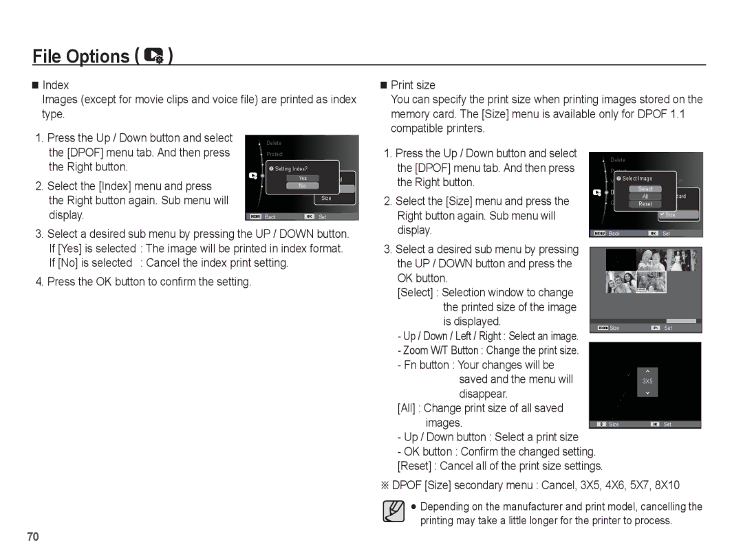 Samsung SL105 Dpof menu tab. And then press, Select the Size menu and press, Right button again. Sub menu will, Images 