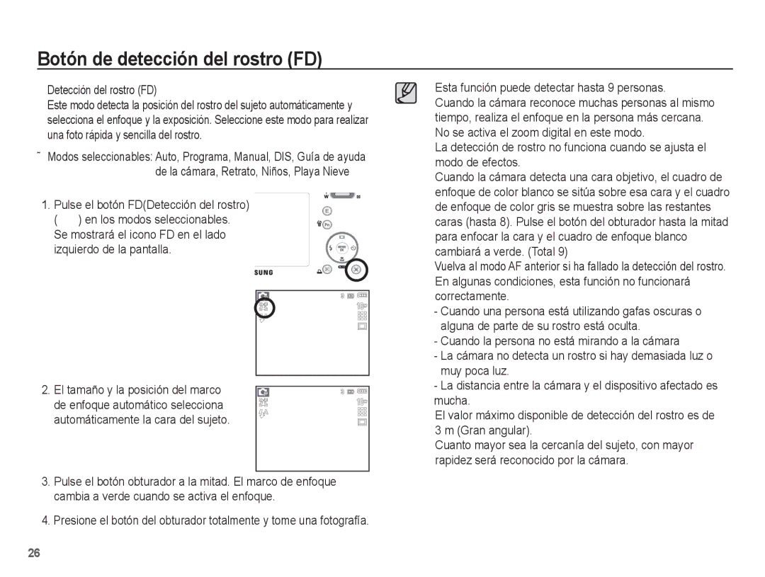 Samsung SL201 manual Botón de detección del rostro FD, Detección del rostro FD, Pulse el botón FDDetección del rostro 