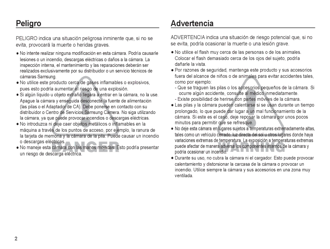 Samsung SL201 manual Peligro, Advertencia 