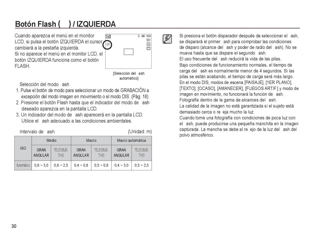 Samsung SL201 manual Botón Flash / Izquierda, Selección del modo ﬂash, Intervalo de ﬂash, Iso 