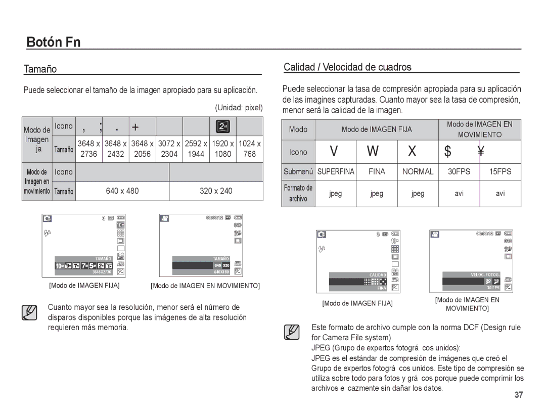 Samsung SL201 manual Tamaño, Calidad / Velocidad de cuadros, 30FPS 