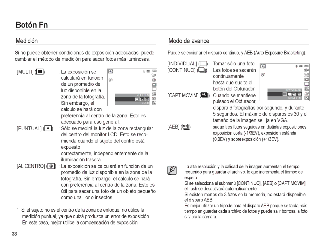 Samsung SL201 manual Medición, Modo de avance, Puntual, Continuo 