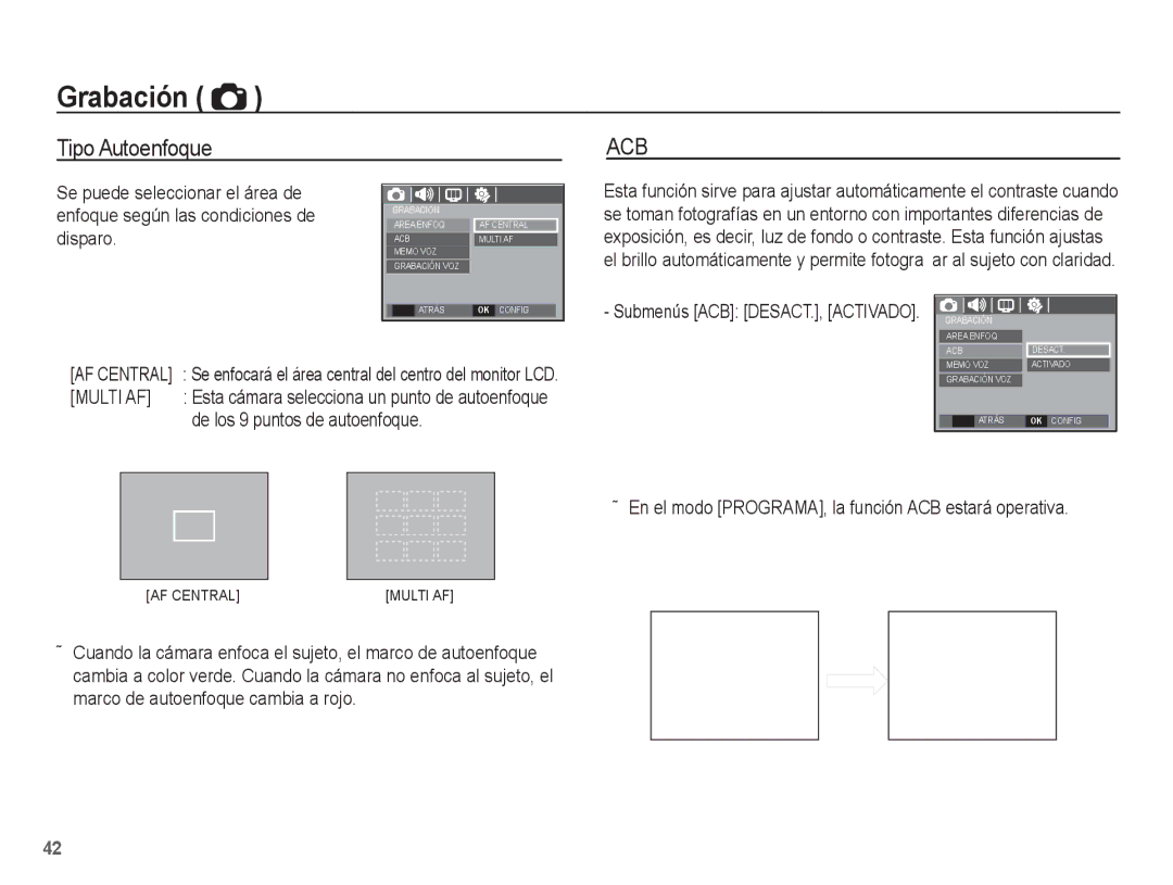 Samsung SL201 manual Tipo Autoenfoque, Submenús ACB DESACT., Activado, De los 9 puntos de autoenfoque 