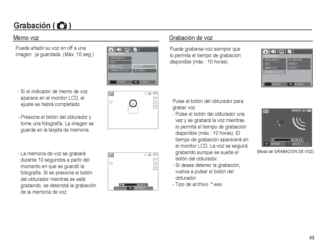 Samsung SL201 Memo voz Grabación de voz, Pulse el botón del obturador para grabar voz, Obturador, Tipo de archivo *.wav 