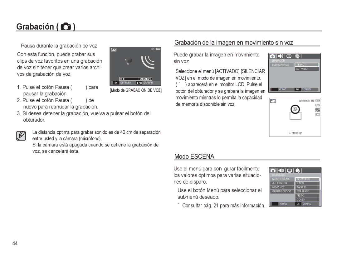 Samsung SL201 manual Grabación de la imagen en movimiento sin voz, Modo Escena, Pausa durante la grabación de voz 