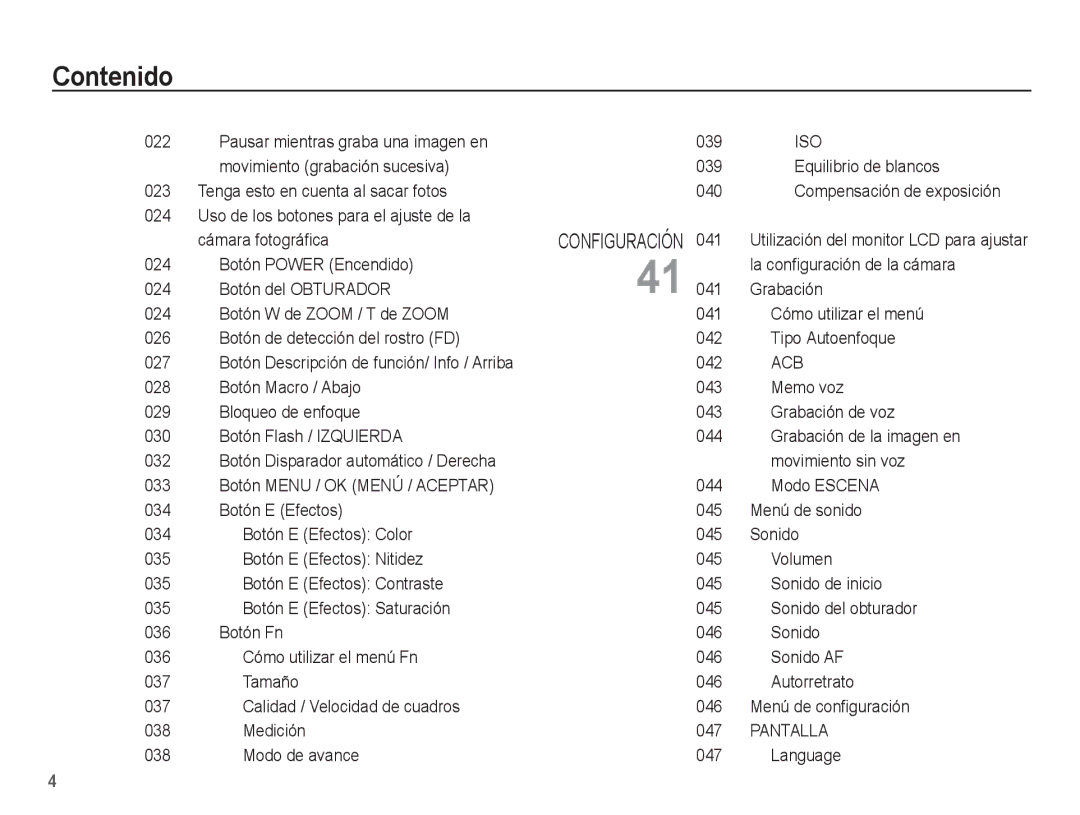 Samsung SL201 manual Iso, Acb, Pantalla 