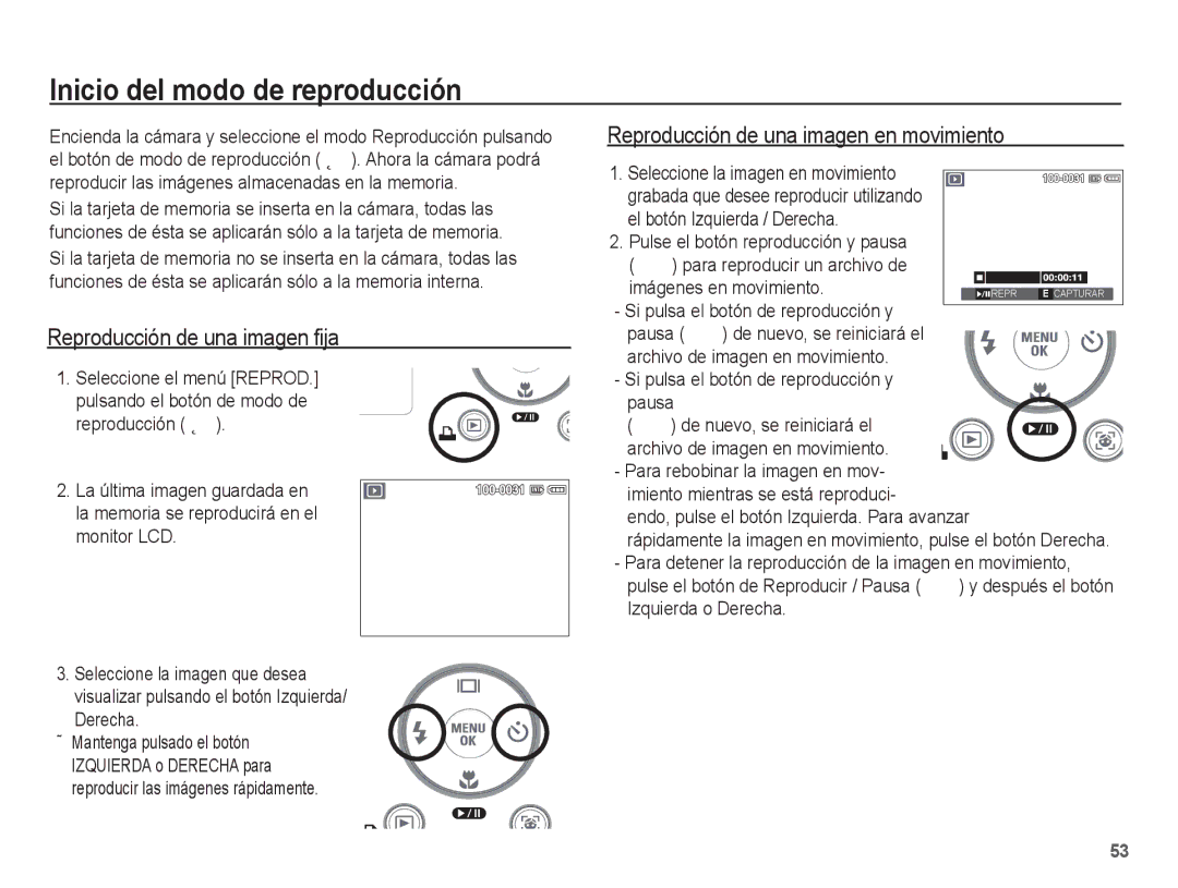 Samsung SL201 Inicio del modo de reproducción, Reproducción de una imagen fija, Reproducción de una imagen en movimiento 