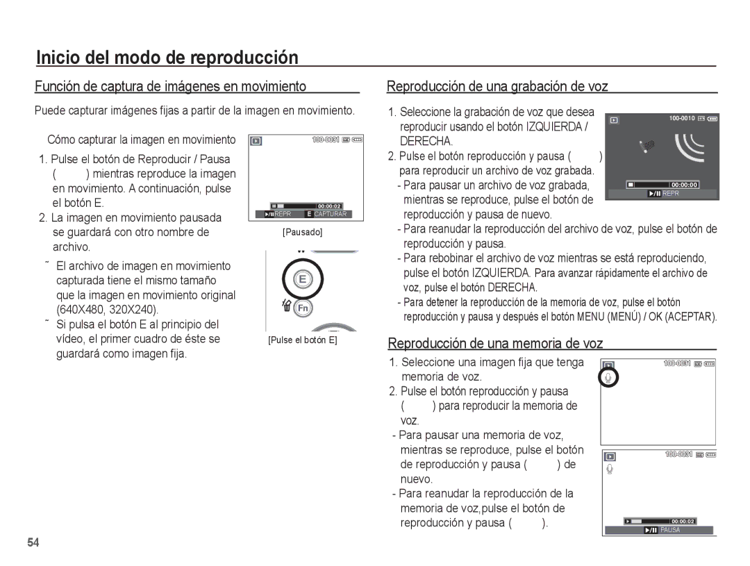 Samsung SL201 manual Función de captura de imágenes en movimiento, Reproducción de una grabación de voz, Derecha 