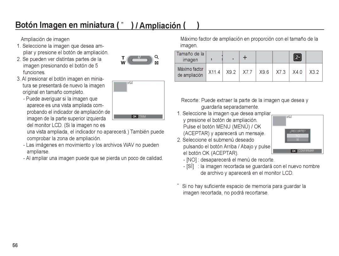 Samsung SL201 manual Botón Imagen en miniatura º / Ampliación í, Ampliación de imagen, X11.4 X9.2 X7.7 X7.3 X4.0 