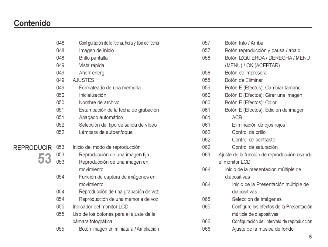 Samsung SL201 manual Menú / OK Aceptar, Ajustes 