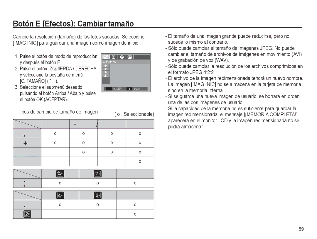 Samsung SL201 manual Botón E Efectos Cambiar tamaño 