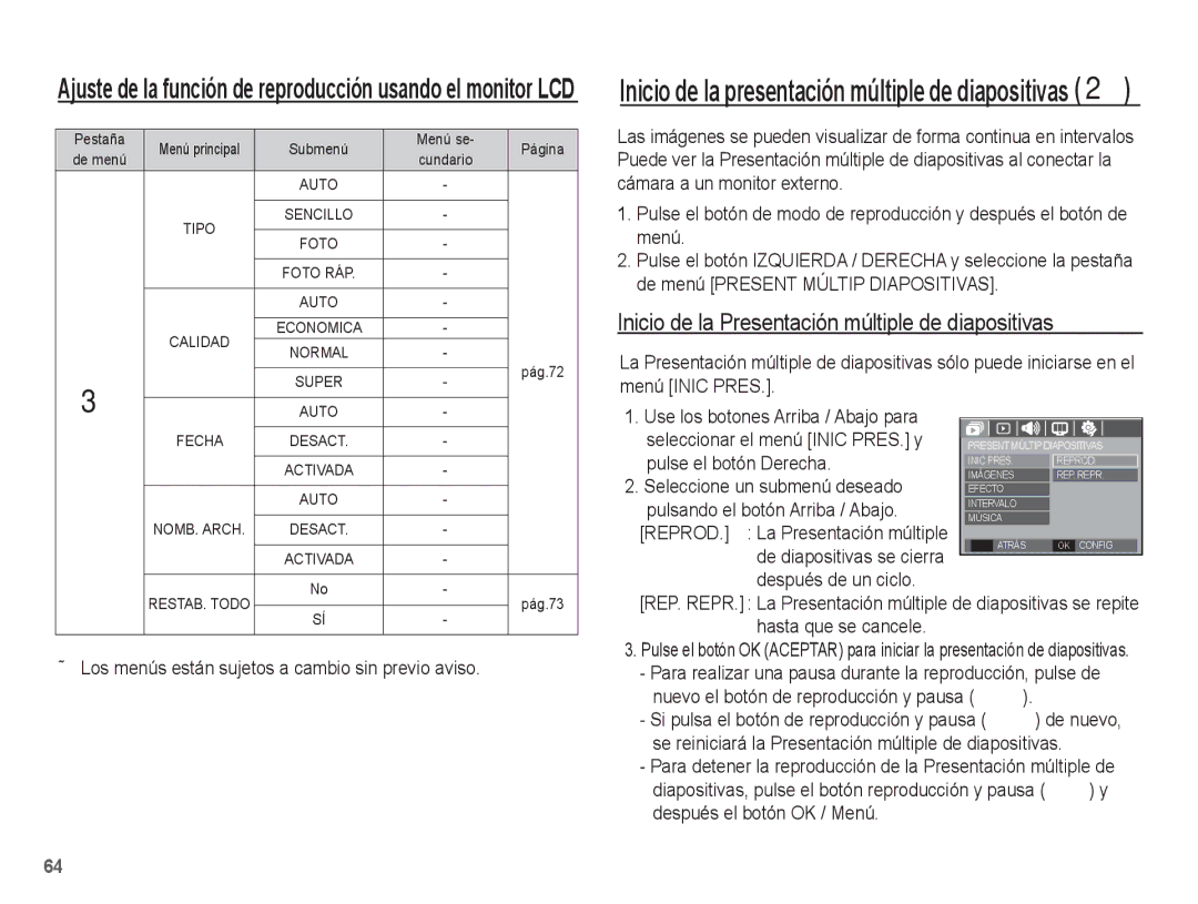 Samsung SL201 manual Inicio de la Presentación múltiple de diapositivas 