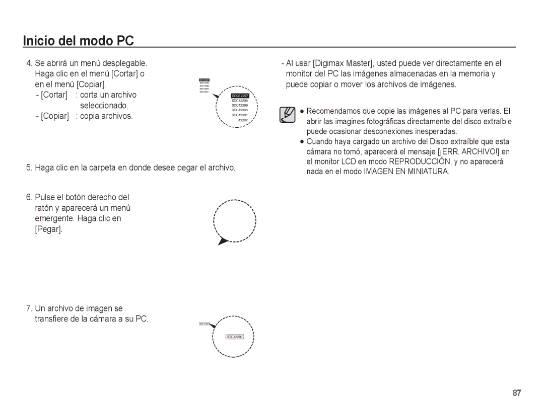 Samsung SL201 manual En el menú Copiar, Cortar corta un archivo seleccionado 