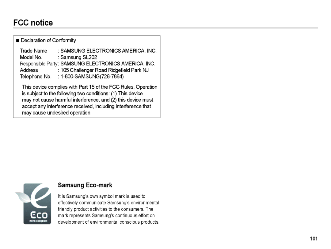 Samsung user manual Declaration of Conformity Trade Name, Model No Samsung SL202, Address, Telephone No SAMSUNG726-7864 