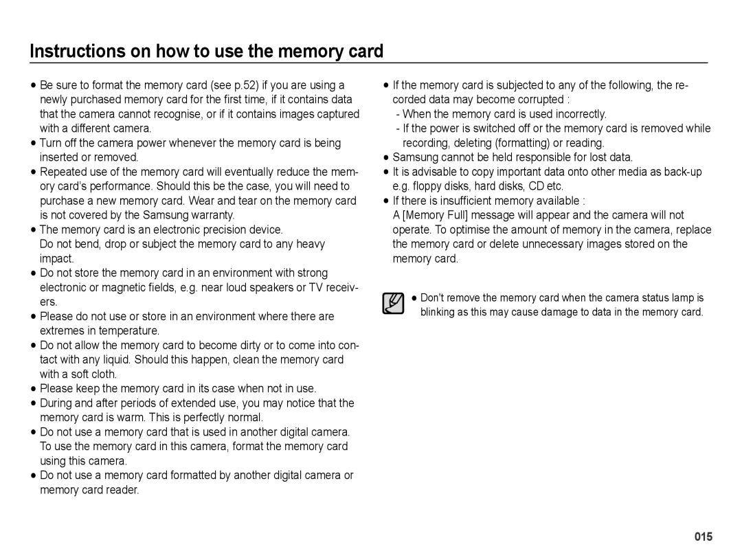 Samsung SL202 user manual Instructions on how to use the memory card, When the memory card is used incorrectly 