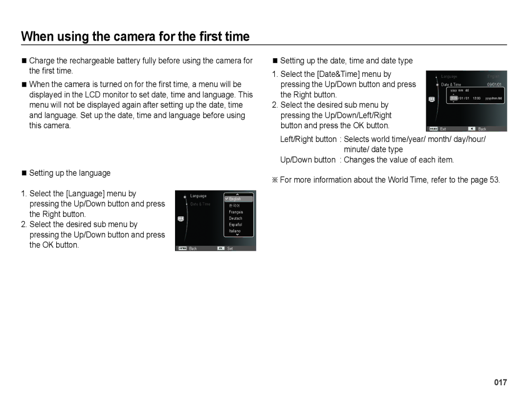 Samsung SL202 user manual When using the camera for the ﬁrst time, Setting up the date, time and date type 