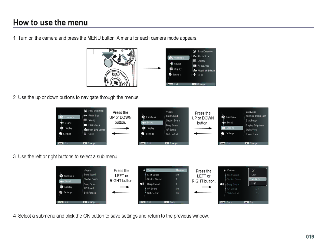 Samsung SL202 user manual How to use the menu, Use the left or right buttons to select a sub menu 