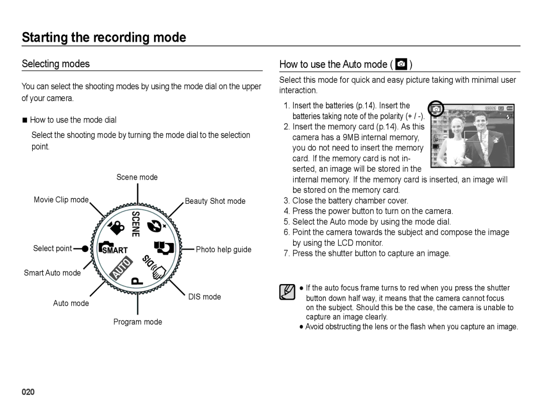 Samsung SL202 Starting the recording mode, Selecting modes, How to use the Auto mode, Insert the memory card p.14. As this 