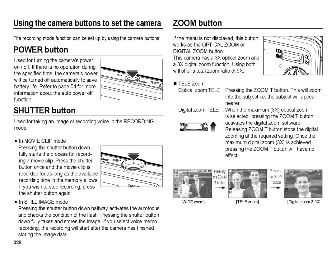 Samsung SL202 user manual Using the camera buttons to set the camera Zoom button, Power button, Shutter button 