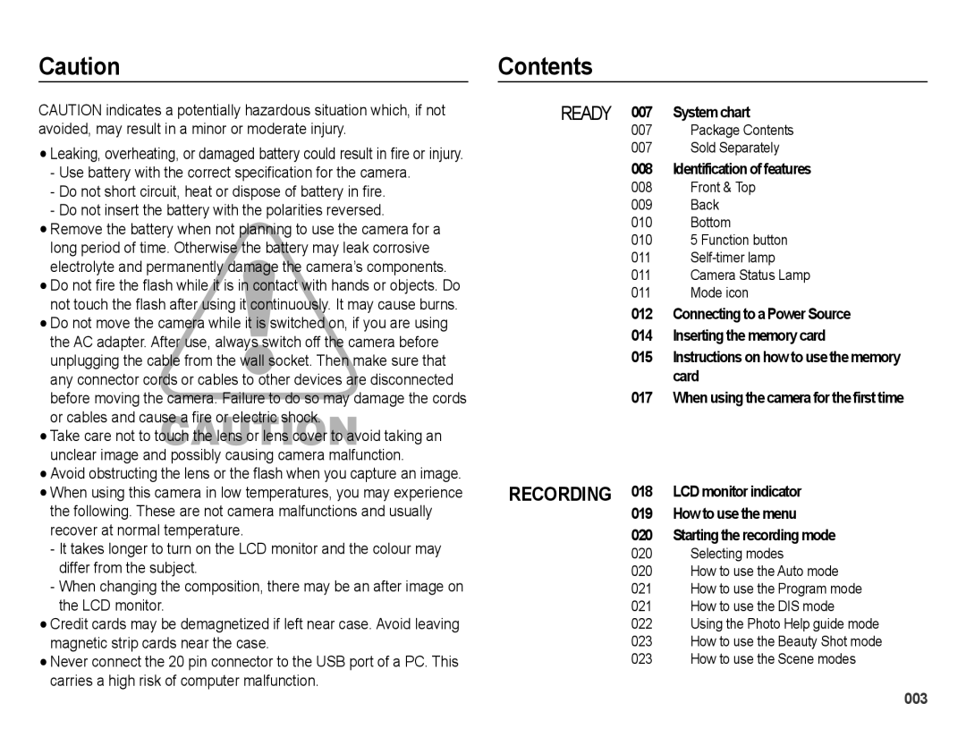 Samsung SL202 user manual Contents 