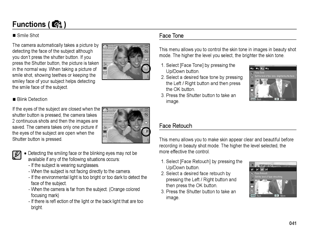 Samsung SL202 user manual Face Tone, Face Retouch, Smile Shot 