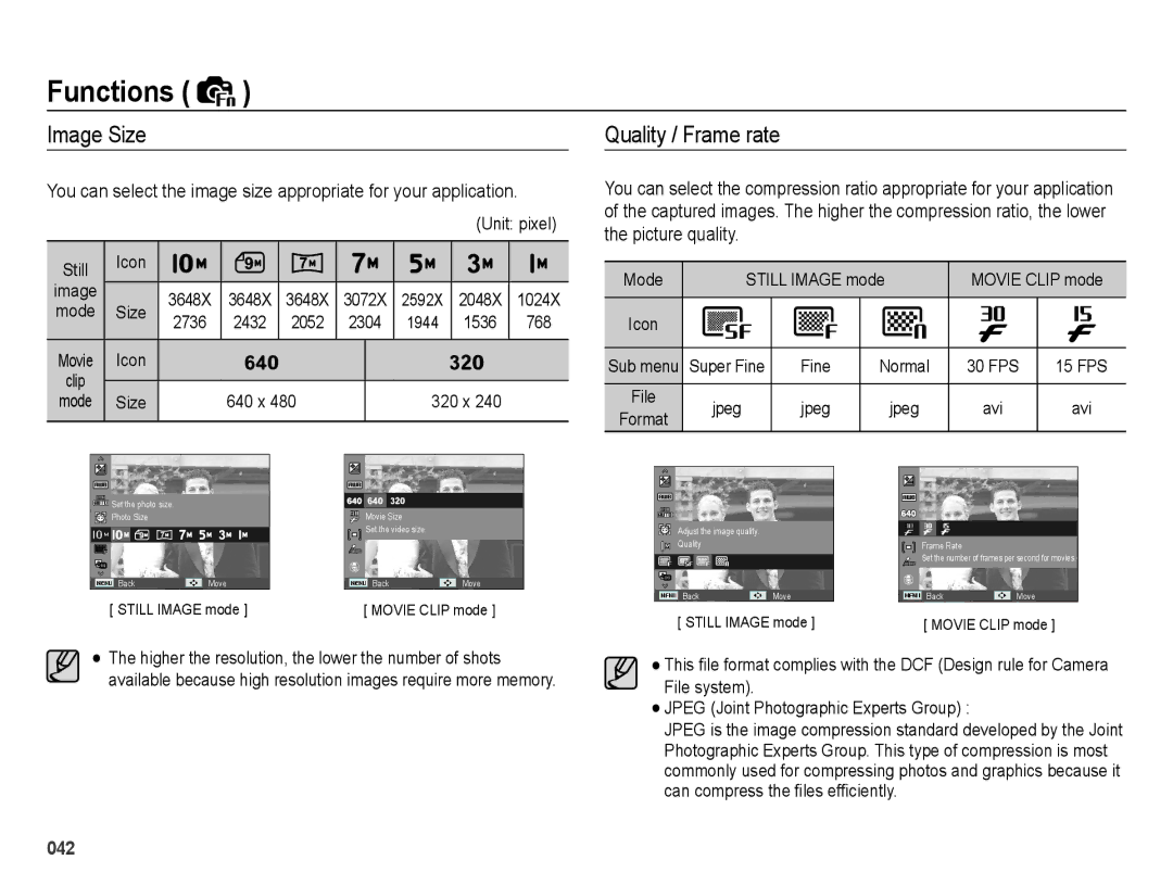 Samsung SL202 user manual Image Size, Quality / Frame rate 