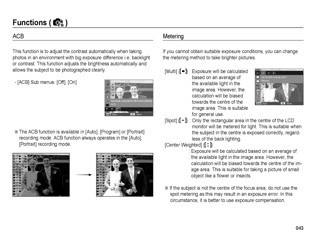 Samsung SL202 Metering, ACB Sub menus Off, On, Multi Exposure will be calculated Based on an average, Center Weighted 