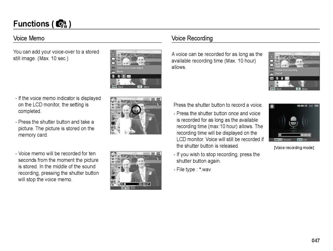 Samsung SL202 user manual Voice Memo, Shutter button is released, Shutter button again, File type *.wav 