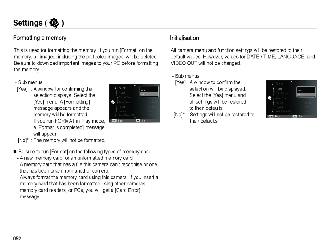 Samsung SL202 user manual Formatting a memory, Initialisation, No* Settings will not be restored to their defaults 