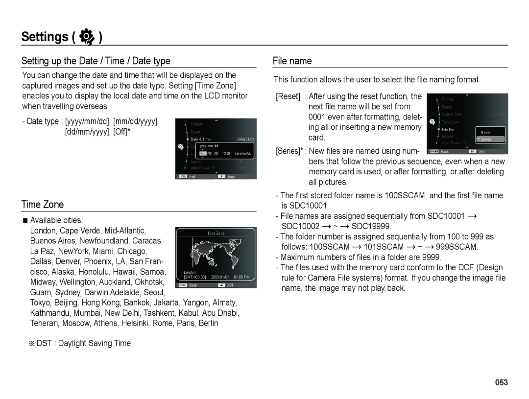 Samsung SL202 user manual Setting up the Date / Time / Date type, File name, Time Zone 