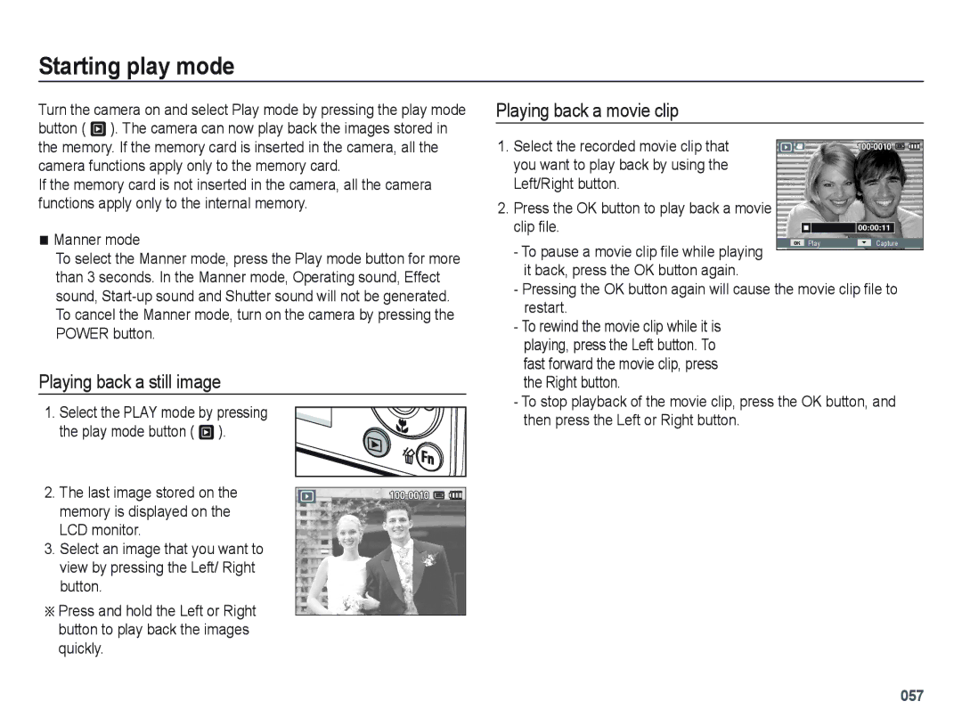 Samsung SL202 user manual Starting play mode, Playing back a still image, Playing back a movie clip, Manner mode 