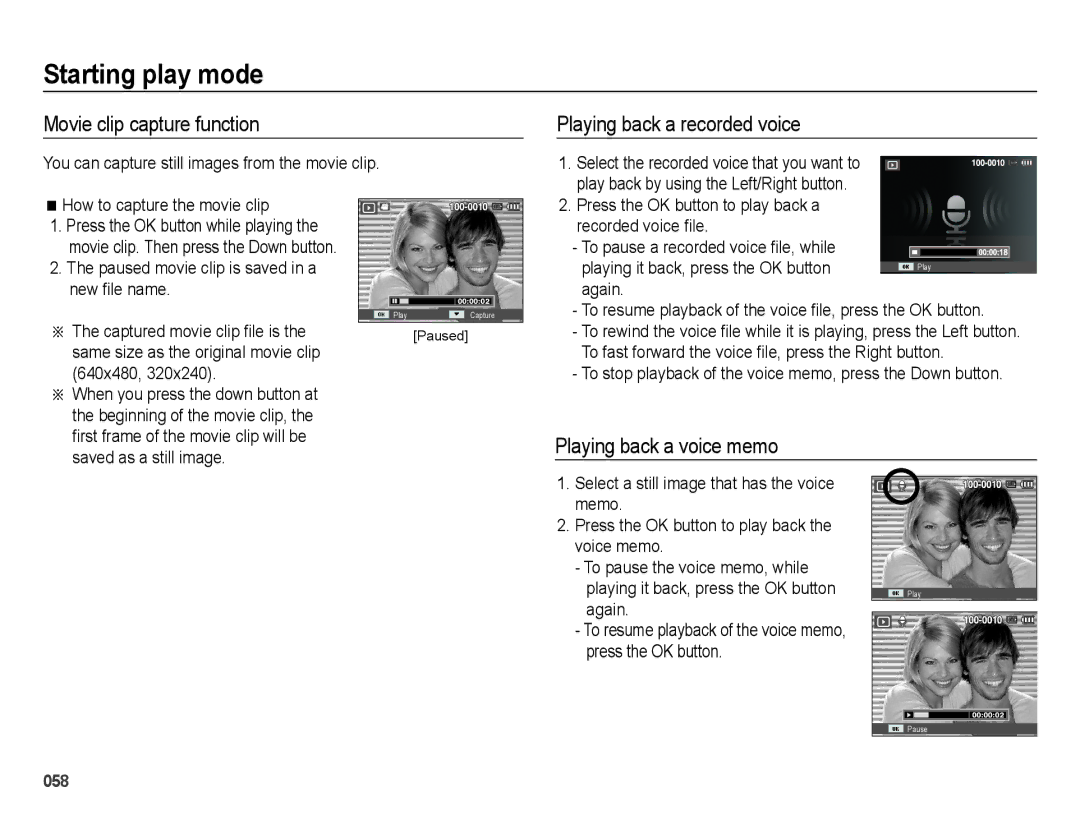 Samsung SL202 user manual Movie clip capture function, Playing back a recorded voice, Playing back a voice memo 