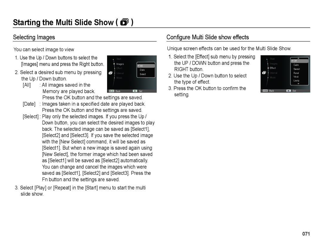 Samsung SL202 user manual Selecting Images, Conﬁgure Multi Slide show effects 