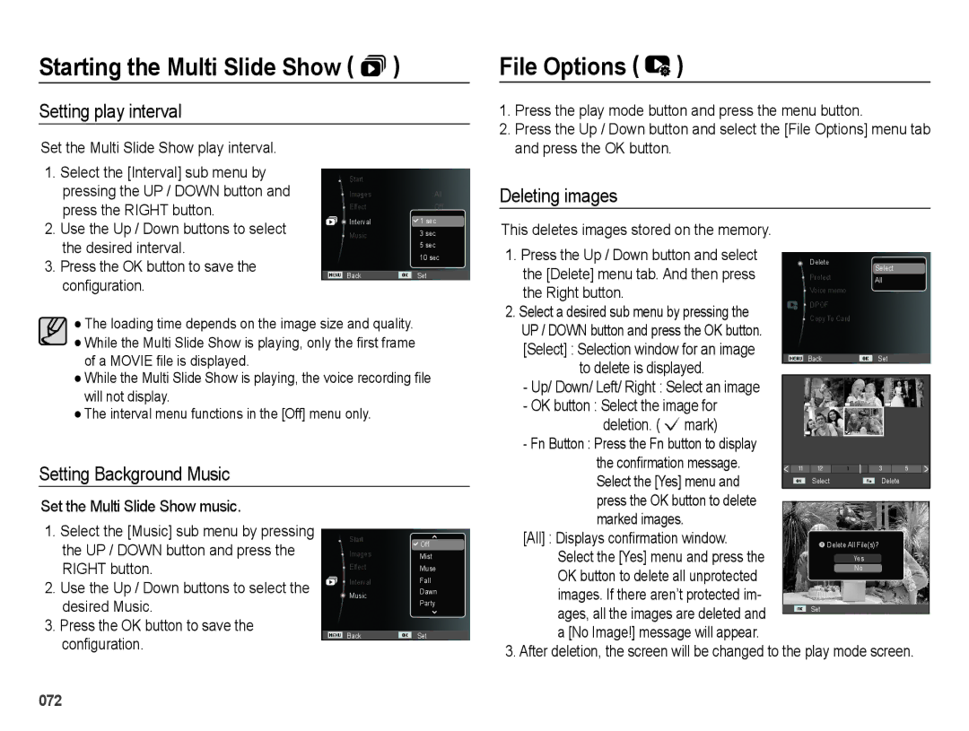 Samsung SL202 user manual File Options, Setting play interval, Deleting images, Setting Background Music 