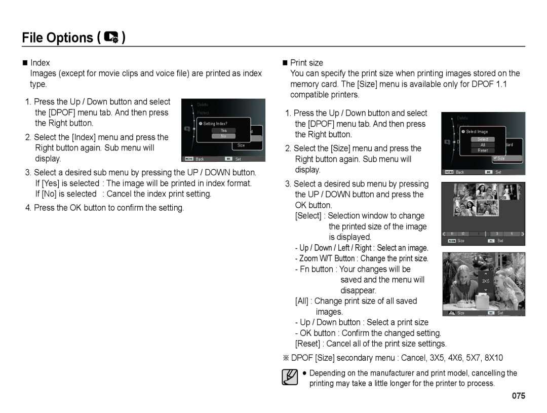 Samsung SL202 user manual Up / Down button Select a print size, Dpof Size secondary menu Cancel, 3X5, 4X6, 5X7 