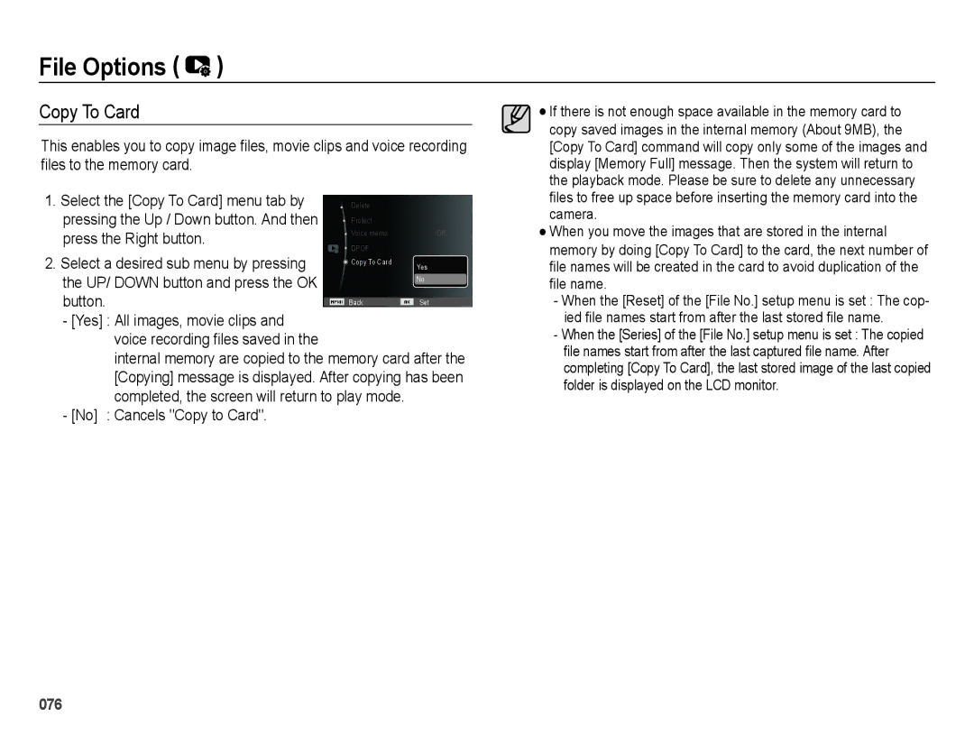 Samsung SL202 user manual Copy To Card, No Cancels Copy to Card 