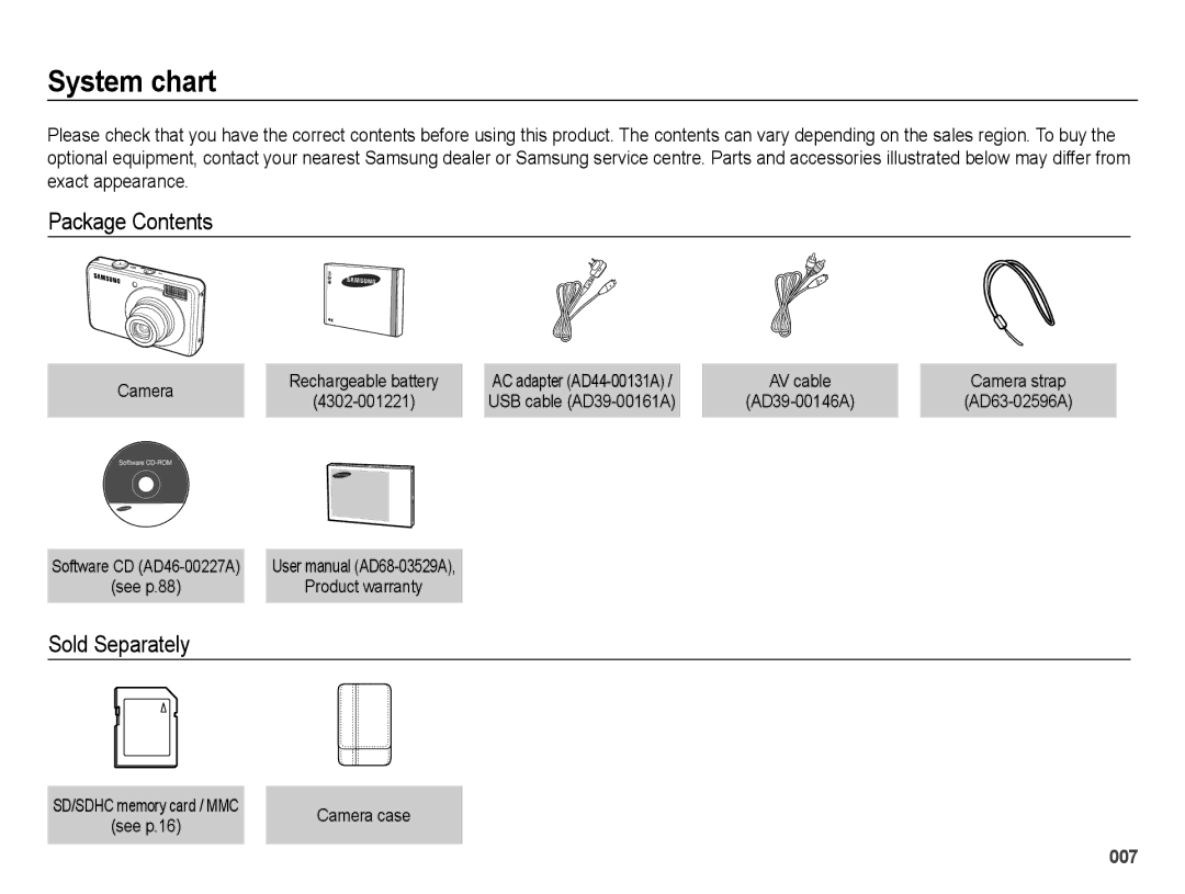 Samsung SL202 user manual System chart, Package Contents, Sold Separately 