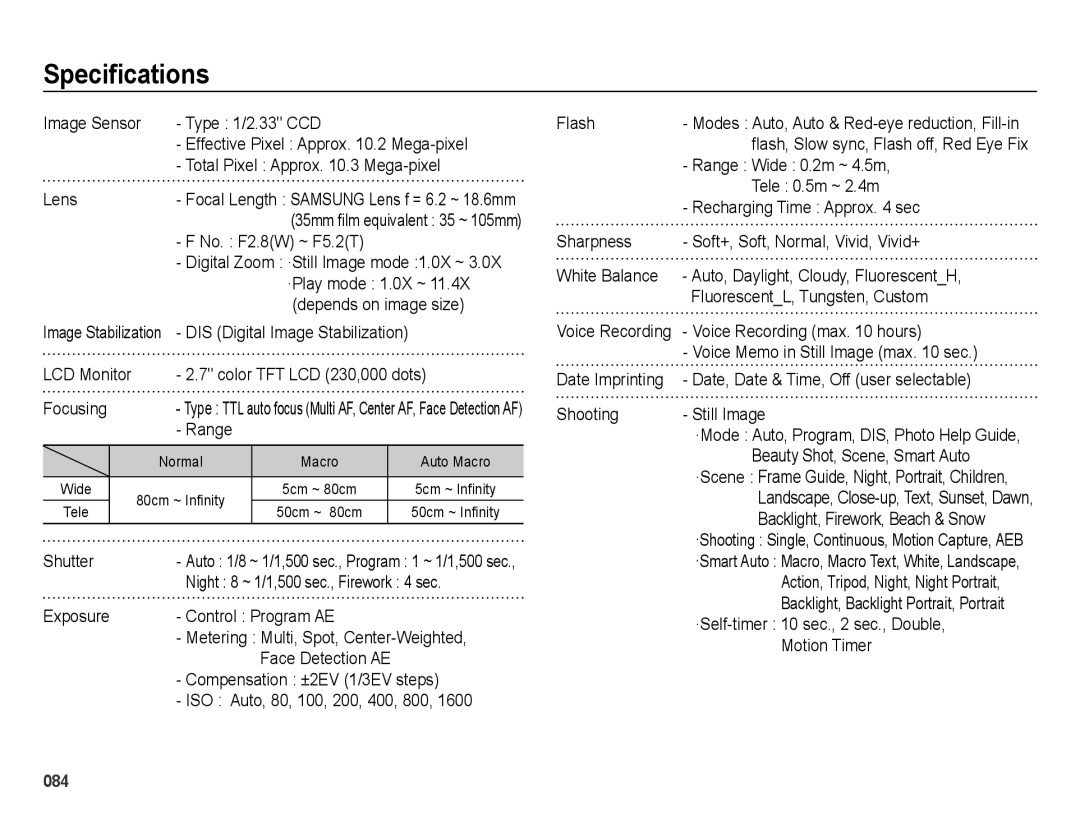 Samsung SL202 user manual Speciﬁcations 