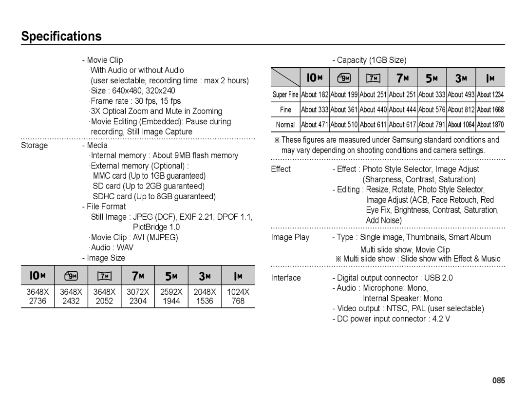 Samsung SL202 user manual Specifications 