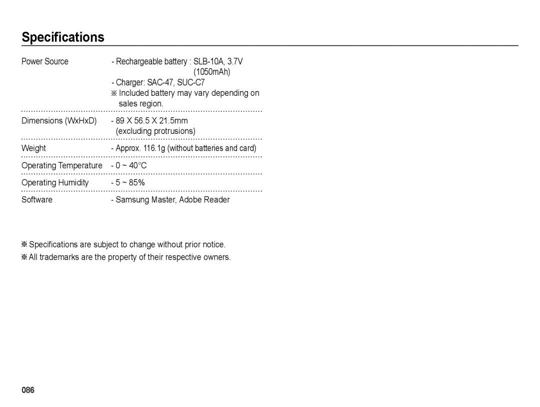 Samsung SL202 user manual Power Source, 1050mAh, Charger SAC-47, SUC-C7, Sales region, ~ 40C 