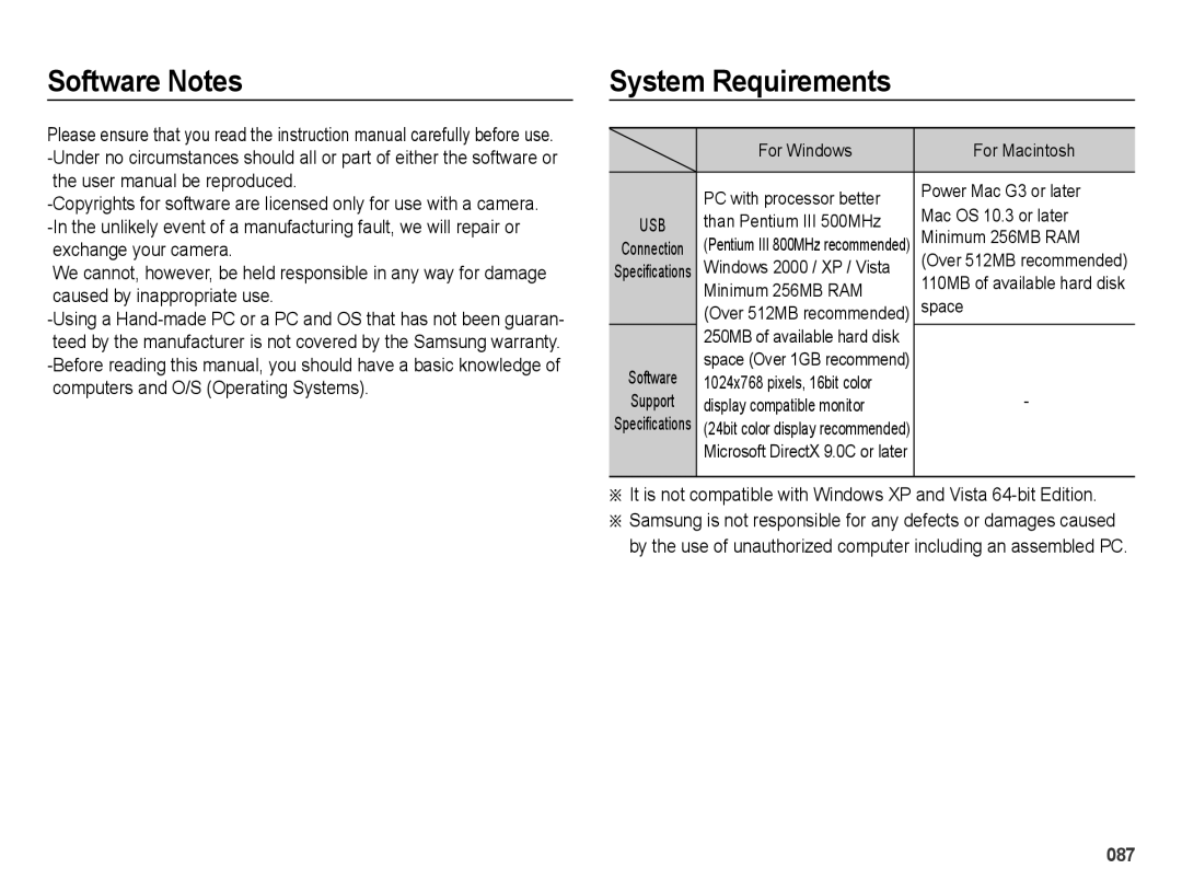 Samsung SL202 user manual Software Notes, System Requirements, Than Pentium III 500MHz, Minimum 256MB RAM, Space 