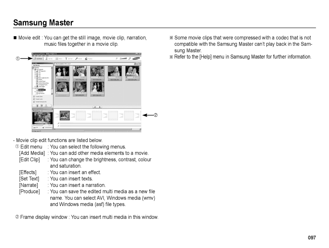 Samsung SL202 user manual Edit Clip, Saturation, Windows media asf file types, Add Media 