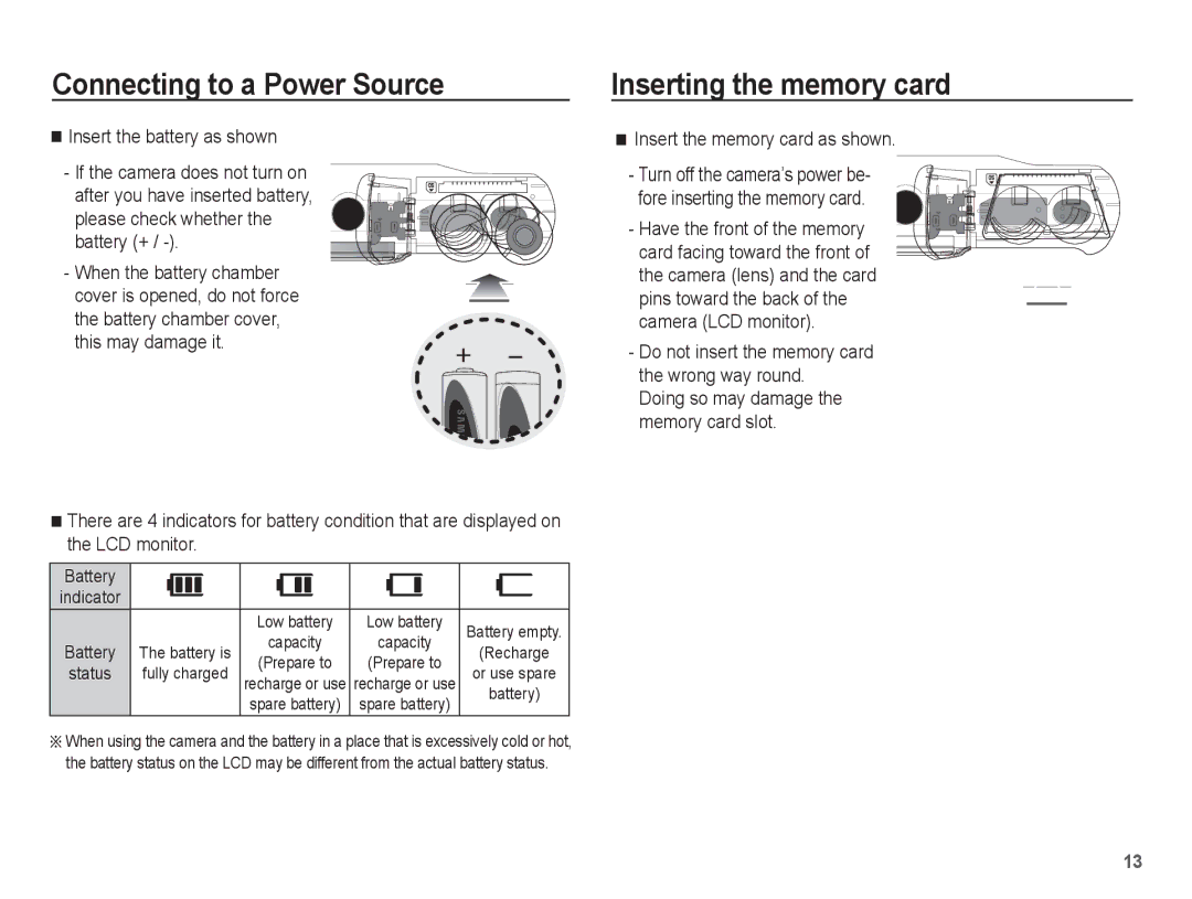 Samsung SL30 manual Inserting the memory card, Insert the memory card as shown, Battery 