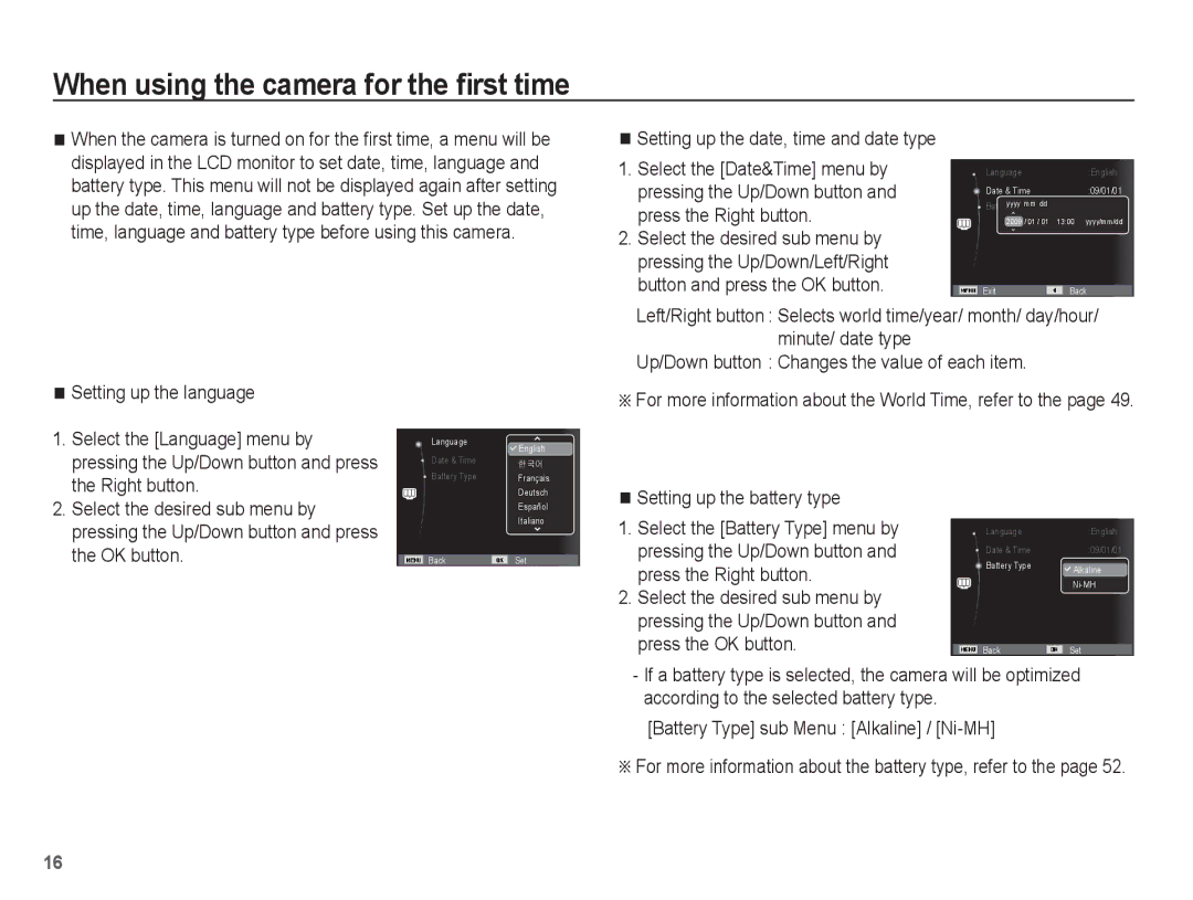 Samsung SL30 manual When using the camera for the ﬁrst time, Setting up the battery type 