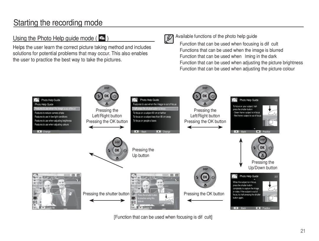 Samsung SL30 manual Using the Photo Help guide mode 