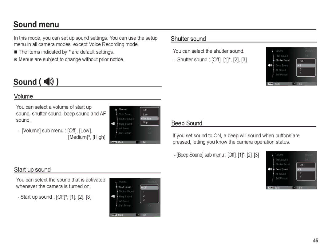 Samsung SL30 manual Sound menu, Sound , Volume Shutter sound, Beep Sound, Start up sound 