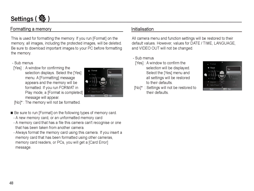 Samsung SL30 manual Formatting a memory, Initialisation, No* Settings will not be restored to their defaults 