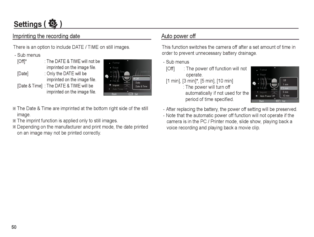 Samsung SL30 Imprinting the recording date, Auto power off, There is an option to include Date / Time on still images 