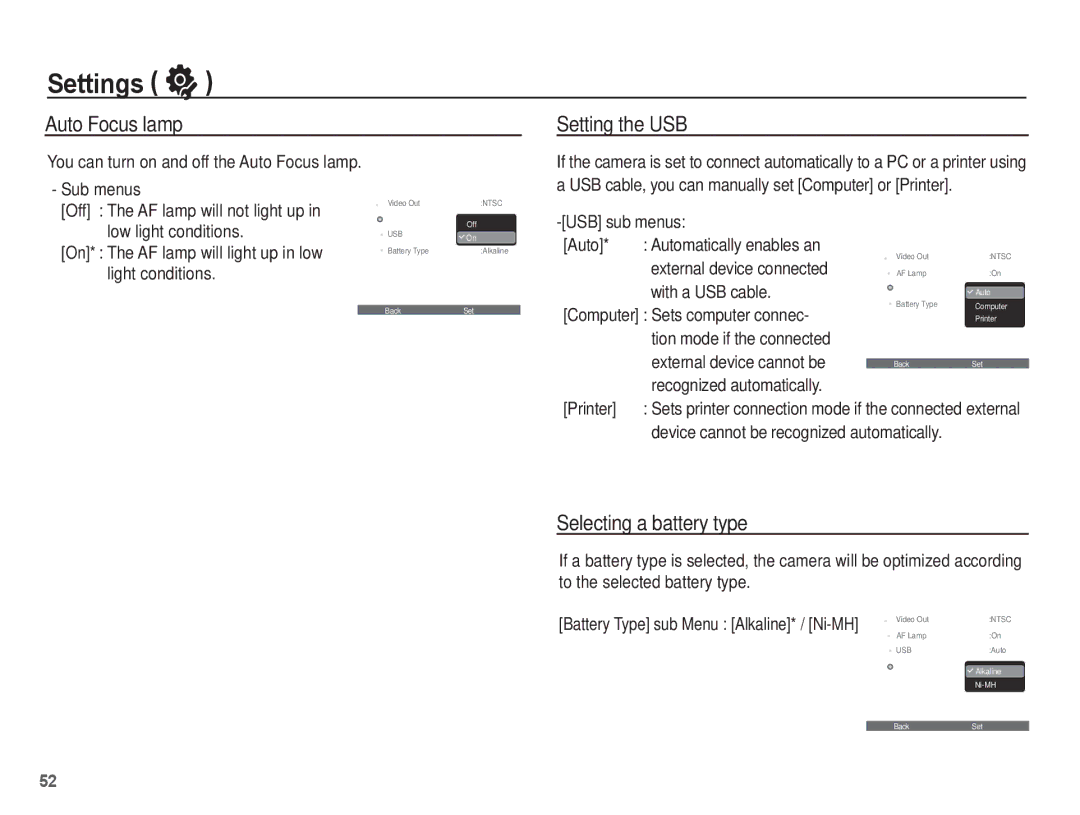 Samsung SL30 manual Auto Focus lamp, Setting the USB, Selecting a battery type 